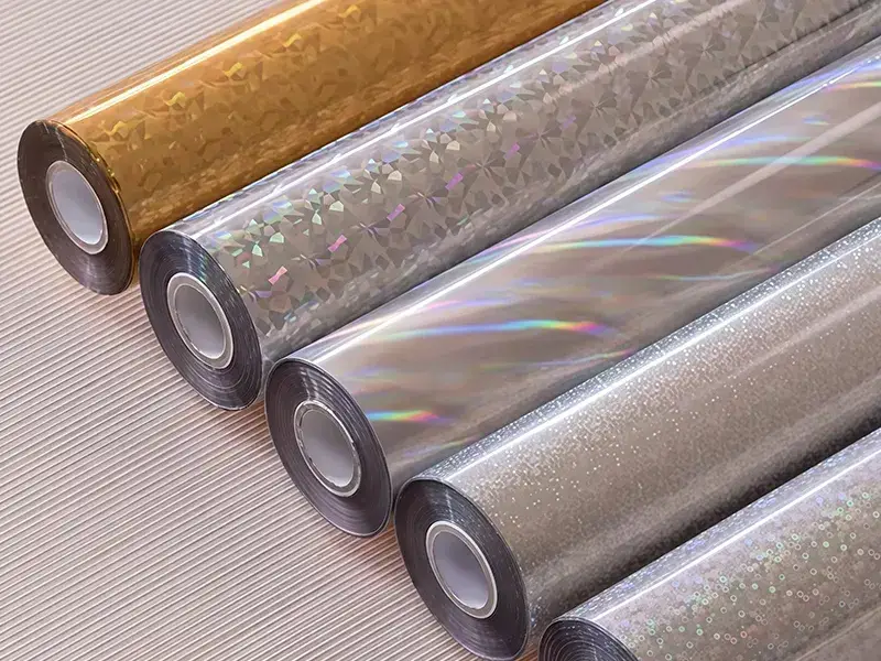 Foiling Film, 320 mm × 500 m, 3-inch core. Available colors include silver, laser silver, gold, laser gold, light gold, blue, purple, red, green, copper, rose gold, matte silver, matte gold, and more
